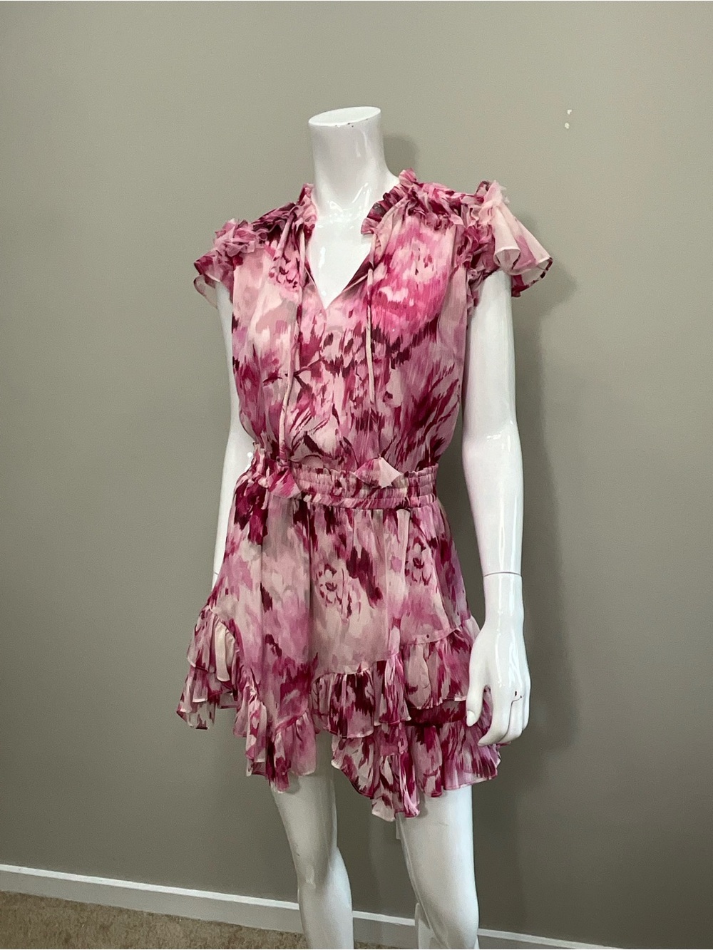 MISA Los Angeles pink floral ruffle 2 piece set crop top tiered mini skirt XS/S